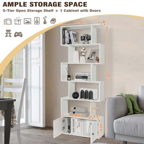 Gymax 2PCS 6-tier Geometric Bookcase S-shaped Z-shelf Bookshelf Cabinet w/  Doors White