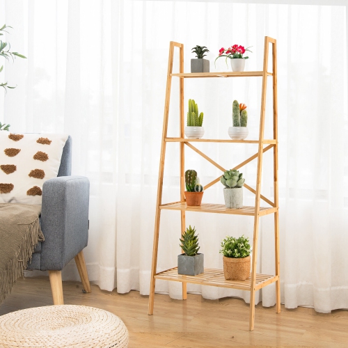 Gymax 4-Tier Bamboo Ladder Bookshelf 58'' Display Shelf Storage Rack Plant Flower Stand