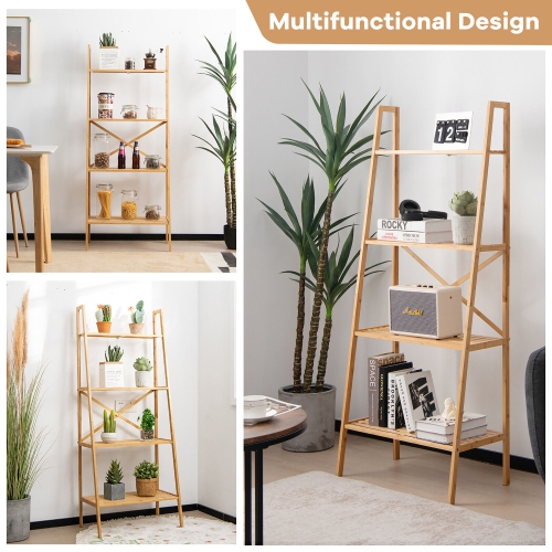 Gymax 4-Tier Bamboo Ladder Bookshelf 58'' Display Shelf Storage Rack Plant Flower Stand