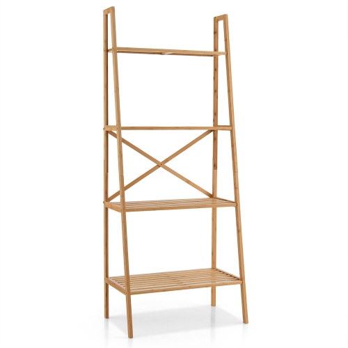 Gymax 4-Tier Bamboo Ladder Bookshelf 58'' Display Shelf Storage Rack Plant Flower Stand