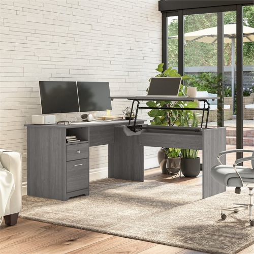 Cabot 60W 3 Position Sit to Stand L Shaped Desk in Modern Gray - Engineered Wood