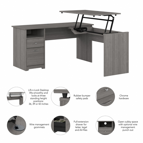 Cabot 60W 3 Position Sit to Stand L Shaped Desk in Modern Gray - Engineered Wood