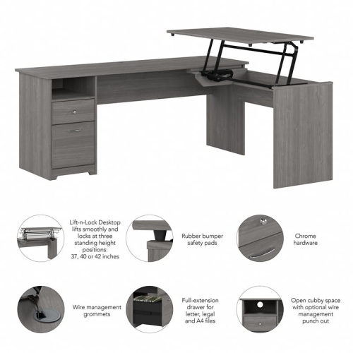 Cabot 72W 3 Position Sit to Stand L Shaped Desk in Modern Gray - Engineered Wood