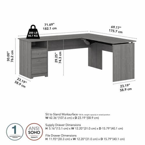 Cabot 72W 3 Position Sit to Stand L Shaped Desk in Modern Gray - Engineered Wood