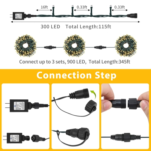 QUWIN Waterproof LED Outdoor Christmas String Lights, 115Ft 300 LED UL Certified 8 Modes with End-to-End Plug, Indoor & Outs