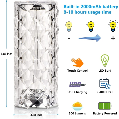 Touch Crystal Lamp with 16 Colors LED Changing Dimmable | RGB Gradient | Dynamic Mode, Rechargeable Provtable Table Lamp wit