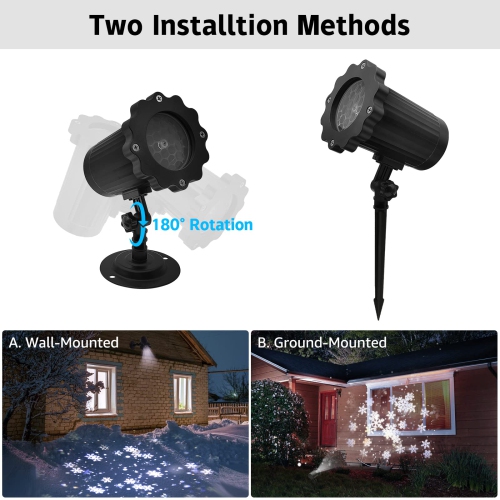 Christmas Snowflake Projector Lights Outdoor, IP65 Waterproof Holiday Snowfall LED Lighting Wall Mounted & Floor Mount Garde