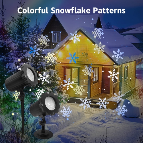 Christmas Snowflake Projector Lights Outdoor, IP65 Waterproof Holiday Snowfall LED Lighting Wall Mounted & Floor Mount Garde