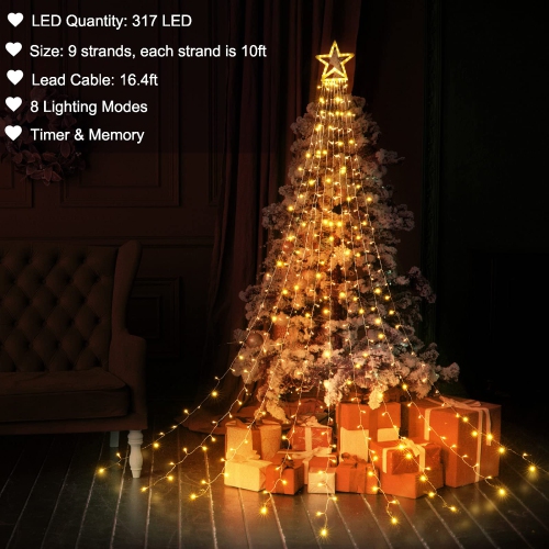 Lyhope Christmas Lights, 317 LED 8 Modes 10ft X 9 Strands Christmas String Lights, with 12" Topper Star Christmas Tree Decor