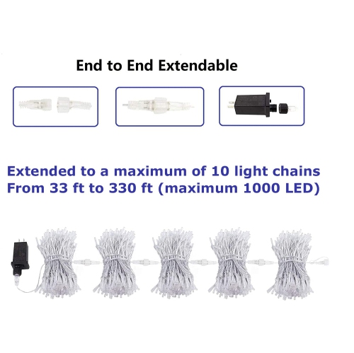 Christmas String Lights, 33FT 100 LEDs Indoor Outdoor Fairy Lights 8 Flashing Modes with End-to-End Plug, Waterproof Fairy L