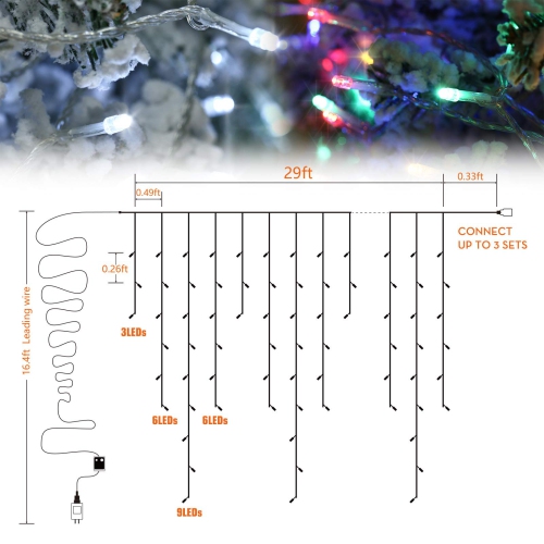 Glaçons lumineux de Noël, glaçon 2-en-1 multicolore et blanc avec télécommande, 360 ampoules à DEL de 29,5 pi
