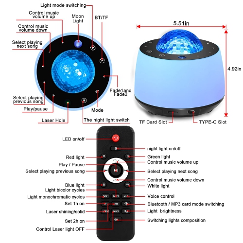 Star Projector Light with Night Light Moon and Nebula Effect/Bluetooth Voice Control/Rotating Ocean Wave/Bluetooth Speaker/W