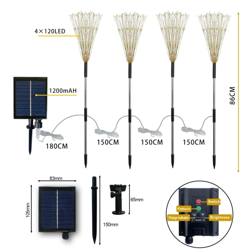 Solar Fireworks Lights Outdoor Waterproof,4 Pack Solar Garden Lights Outdoor 8 Lighting Modes with Remote Control , 480 LED