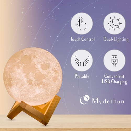 Moon Lamp, 4.7 inch - 3D Printed Lunar Lamp - Moon Light - Night Lights for Kids Room, Women, Home Decor, Gifting - USB Charging - Touch Control