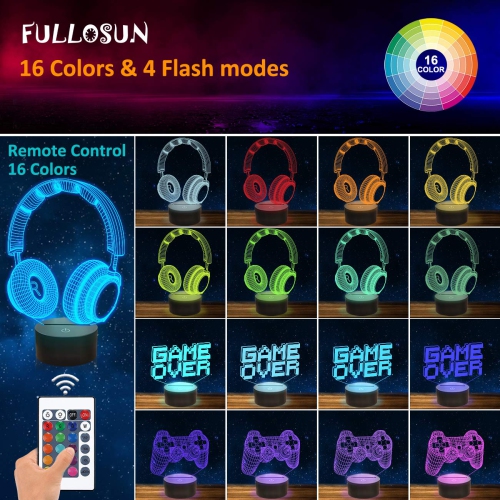 FULLOSUN Pixel Game Over Illusion Lamp, Gamepad 3D Night Light with Remote Control 16 Color Changing Gaming Roo