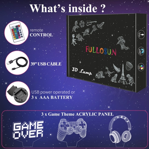 FULLOSUN Pixel Game Over Illusion Lamp, Gamepad 3D Night Light with Remote Control 16 Color Changing Gaming Roo