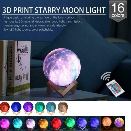 GUIFIER Moon Lamp Night Light Galaxy with 16 Colors LED 3D Print, Stand, Remote, Touch Control and USB Rechargeable