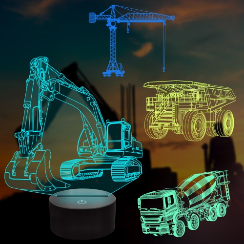 HLD  Heavy Machinery 3D Lamp Kits, Excavators, Tower Cranes, Transit Mixers, Mining Dump Truck 3D Night Light for Kids (4 Patterns
