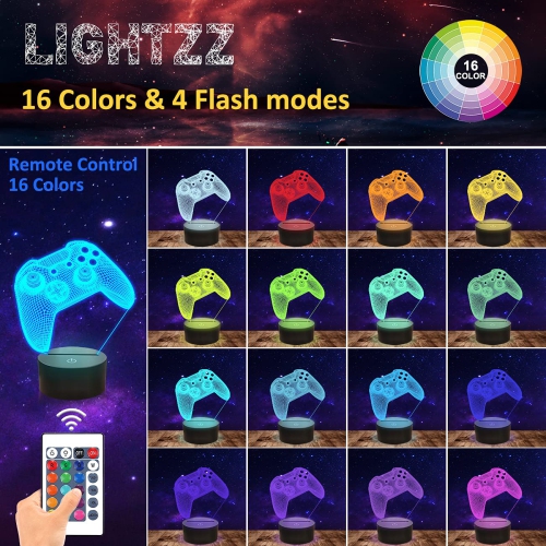 3D Gamepad Night Light, Lightzz Game Console Illusion lamp with Remote + Touch 16 Color Flashing Changing + Timer Desk Lamps