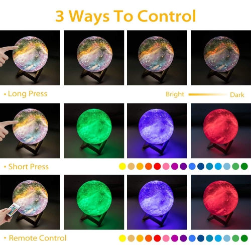 Moon Lamp, OxyLED 16 Colors 3D Print LED Galaxy Moon Light Dimmable with Stand Remote Touch Tap Control and USB Rechargeable