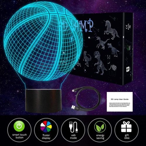 Veilleuse 3D en forme de ballon de basketball, Llamaabie 3D Illusion, lampe-cadeau d’anniversaire à 7 couleurs qui change avec Smart Touch pour NBA