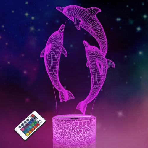 HLD Fullosun Dolphin 3D Kids Night Light, Marine Animal Optical Illusion Bedside Lamp 16 Colors Changing With Remote Control Bed