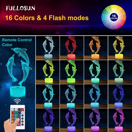 FULLOSUN Dolphin 3D Kids Night Light, Marine Animal Optical Illusion Bedside Lamp 16 Colors Changing with Remote Control Bed