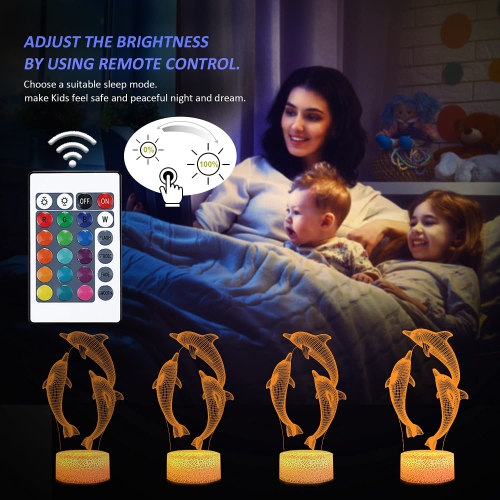 FULLOSUN Dolphin 3D Kids Night Light, Marine Animal Optical Illusion Bedside Lamp 16 Colors Changing with Remote Control Bed