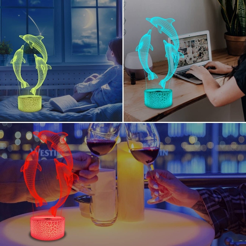 FULLOSUN Dolphin 3D Kids Night Light, Marine Animal Optical Illusion Bedside Lamp 16 Colors Changing with Remote Control Bed