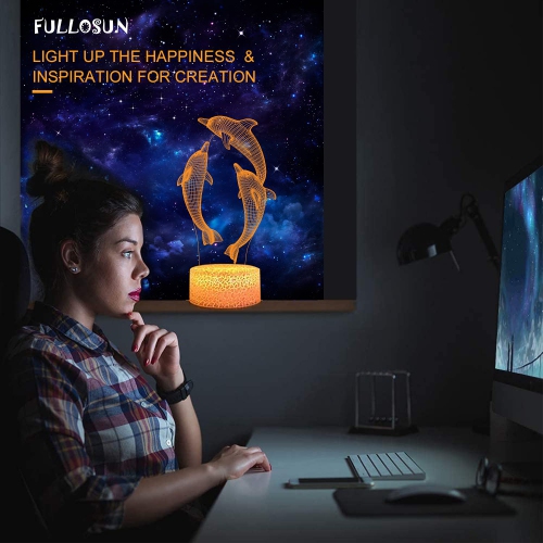FULLOSUN Dolphin 3D Kids Night Light, Marine Animal Optical Illusion Bedside Lamp 16 Colors Changing with Remote Control Bed