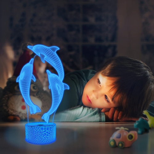 FULLOSUN Dolphin 3D Kids Night Light, Marine Animal Optical Illusion Bedside Lamp 16 Colors Changing with Remote Control Bed