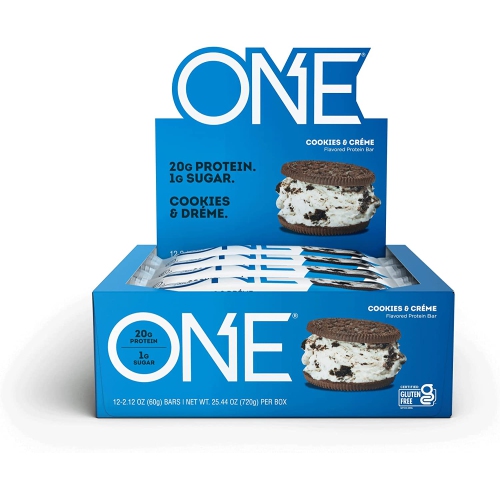 ONE Protein Bars, Gluten Free Protein Bars with 20g Protein and Only 1g Sugar, Guilt-Free Snacking for High Protein Diets, Cookies & Creme, 2.12 oz (12 Count)
