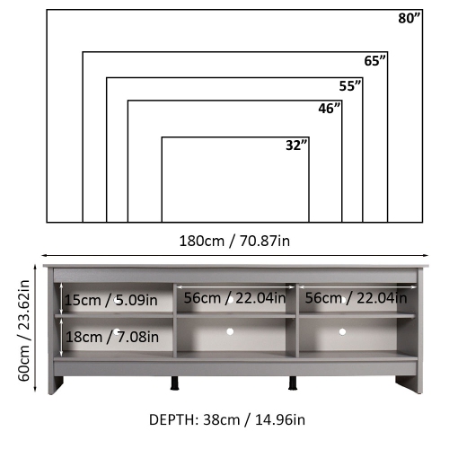 Madesa Media Console TV Stand Entertainment Center with 6 Shelves and Cable Management for 65, 75 Inch Television Living Room and Bedroom Modern