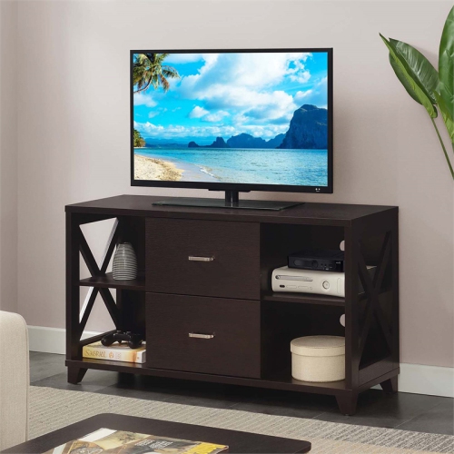 Oxford Deluxe Two-Drawer TV Stand with Shelves in Espresso Wood Finish