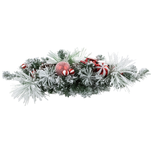 Triple Candle Holder with Flocked Pine and Christmas Ornaments - 32" - Red and White