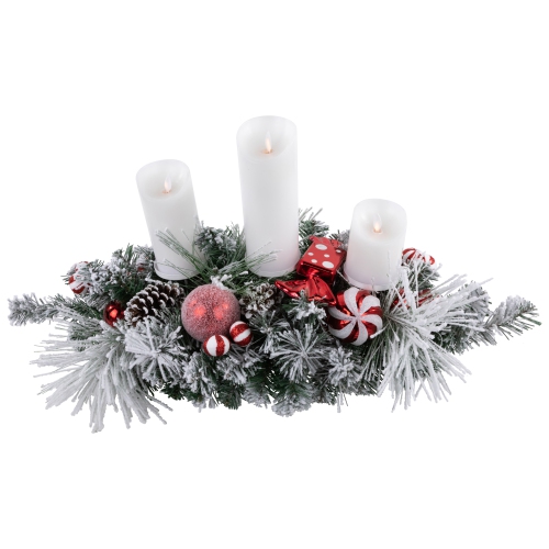 Triple Candle Holder with Flocked Pine and Christmas Ornaments - 32" - Red and White