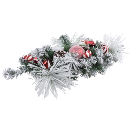 Triple Candle Holder with Flocked Pine and Christmas Ornaments - 32" - Red and White