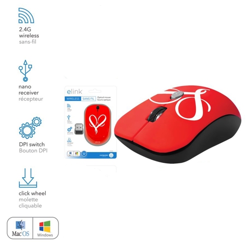 Elink - Wireless Optical Mouse with Adjustable DPI and Nano Receiver, Red