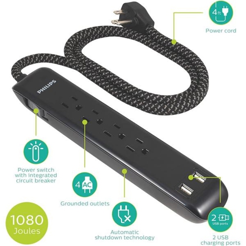 Philips 4 Outlet 2 USB Port Surge Protector, 720 Joules, 4ft Cord, Black