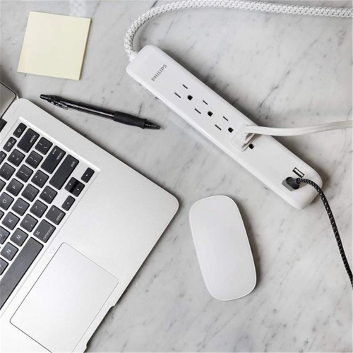 Philips 4 Outlet 2 USB Port Surge Protector, 720 Joules, 4ft Cord, White