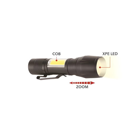 RCA - Metal COB Flashlight, Rechargeable with Mini Lantern and Zoom, Black