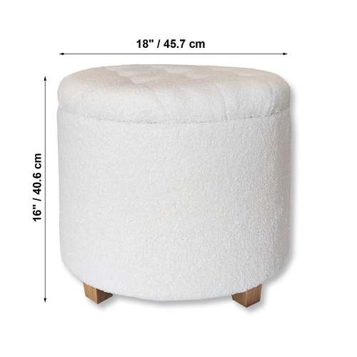 ITY International - Round Ottoman/ Footstool with Storage, Plush Fabric, 18" x 16", White