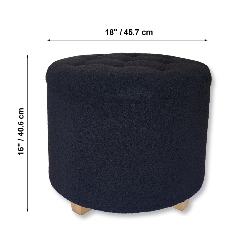ITY International - Round Ottoman/ Footstool with Storage, Plush Fabric, 18" x 16", Black