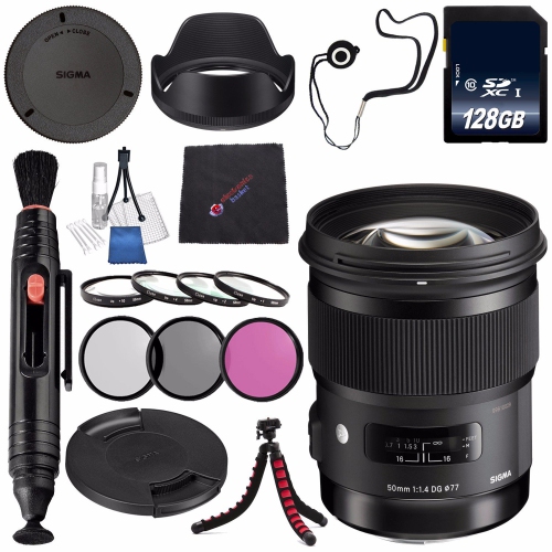 SIGMA  50MM F/1.4 Dg Hsm Art Lens for Nikon F #311306 + 77MM 3 Piece Filter Kit + 128GB Sdxc Memory Card + Lens Pen Cleaner + Microfiber Cleaning