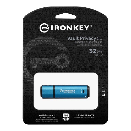 Kingston Technology - IronKey Vault Privacy 50 Encrypted USB Flash Drive, USB 3.2 GEN 1, 32GB Capacity