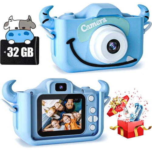 Cow Camera Toy for Kids, Digital Camera for Toddler with 2.0 Inch Display, 100° angle lens, 3 puzzle games & 28 frames, 1080p HD Video Camera with 32GB SD Card. (Blue)
