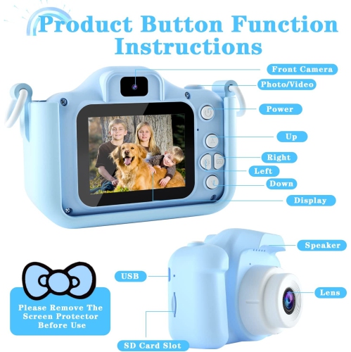 Appareil photo numérique Blue Kids pour garçons et filles de 3-12 à 8 ans - Égoportrait et vidéo, carte TF 32&nbsp;Go | cadeau de Noël et