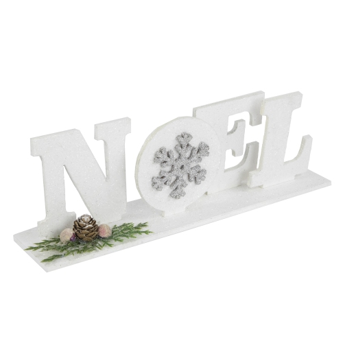 Noel and Snowflake Christmas Sign with Pinecone Holly - 10.25" - White and Silver