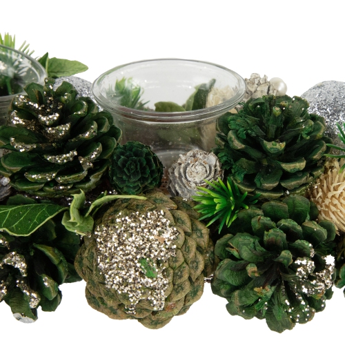 13" Green Pinecone and Silver Glitter Ornaments Christmas Tealight Candle Holder