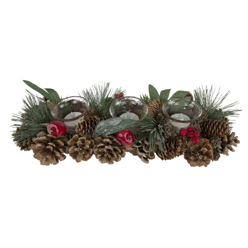 NORTHLIGHT  Glitter Pinecones And Berries Tealight Christmas Candle Holder - 15.25" In Red